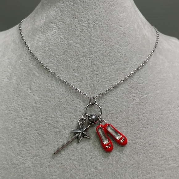 Magic Wand & Ruby Red Slippers Charm Necklace Adjustable Stainless-Steel Chain - Picture 1 of 6